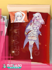 RE:ZERO Emilia - Bed Sheet or Duvet Cover Anime videogame - Flat bed sheet + 2 set 70x45cm Pillow cover / 120cm x 200cm / Poplin - 1